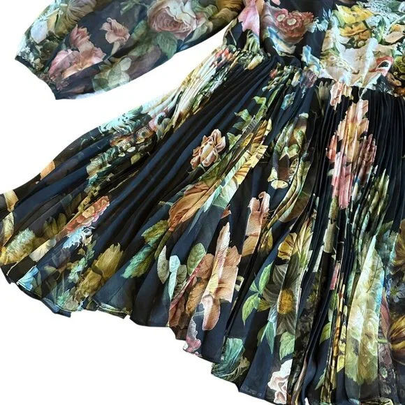 Pankaj & Nidhi Anthro Chiffon Floral Print Dress Long Sleeve Pleated Size Medium - Picture 16 of 16